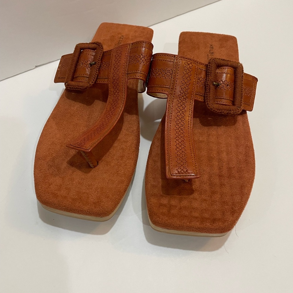 Anthropologie Kelsi Dagger Sandals sz. 8 Brooklyn Swag Thong Suede Brown Orange - Picture 3 of 9